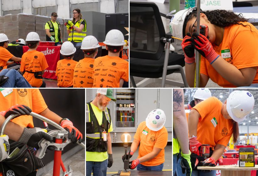 A collage of photos from Camp Build, showing students particpating in various activities spanning across tool usage, lamp building, and pipe bending.
